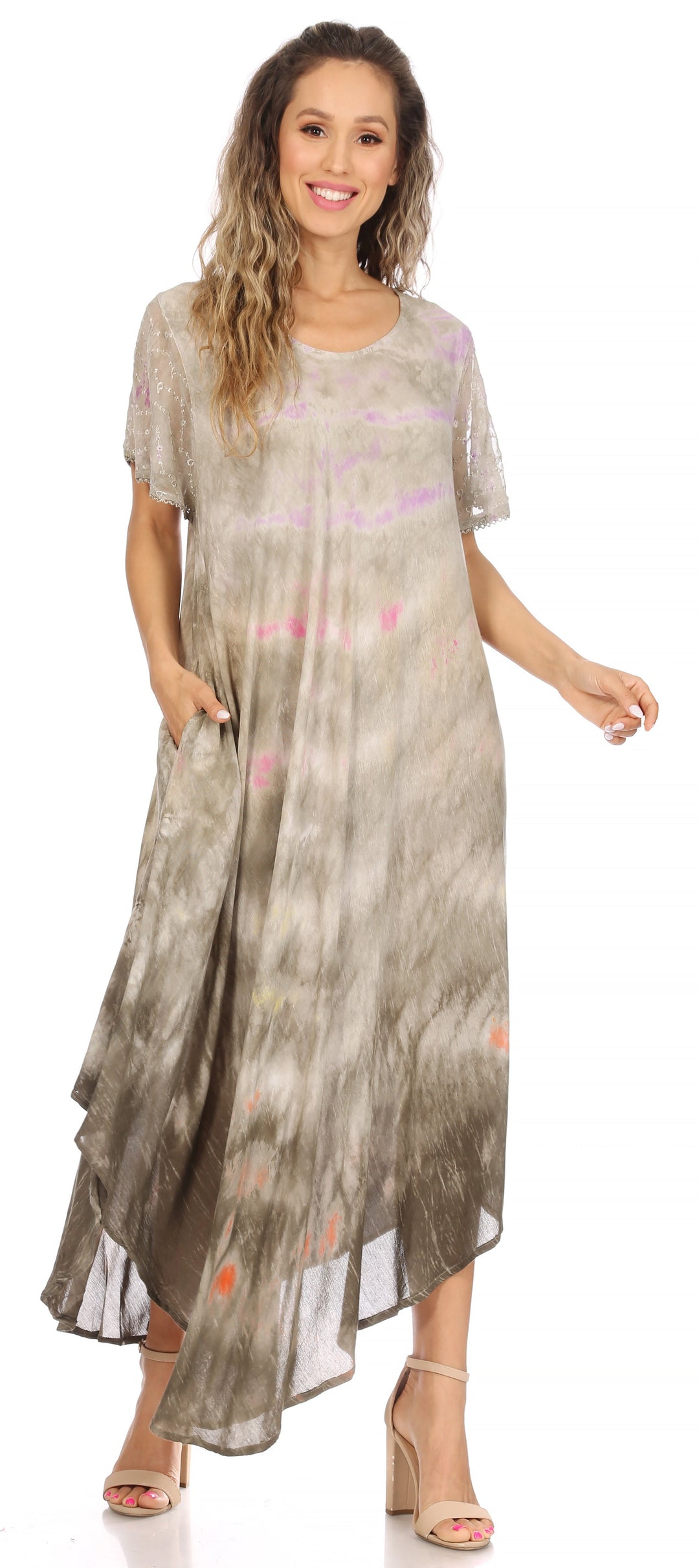 Sakkas Kaylaye Long Tie Dye Ombre Embroidered Cap Sleeve Caftan Dress / Cover Up