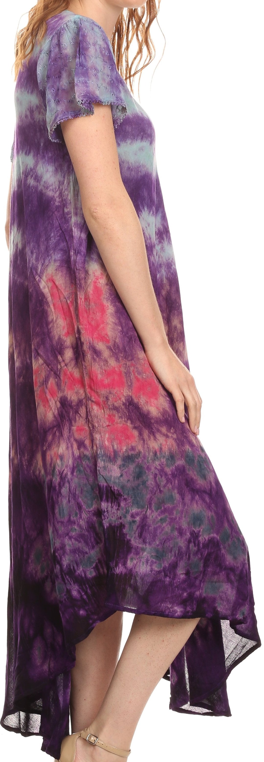 Sakkas Kaylaye Long Tie Dye Ombre Embroidered Cap Sleeve Caftan Dress / Cover Up