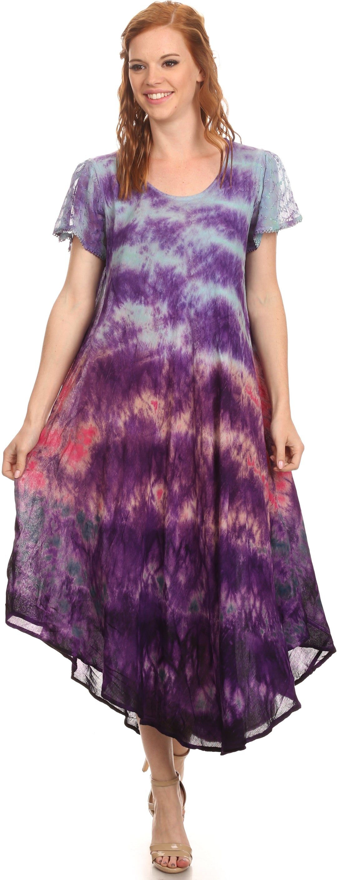 Sakkas Kaylaye Long Tie Dye Ombre Embroidered Cap Sleeve Caftan Dress / Cover Up