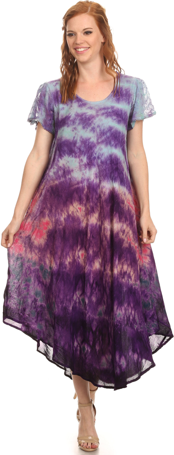 Sakkas Kaylaye Long Tie Dye Ombre Embroidered Cap Sleeve Caftan Dress / Cover Up