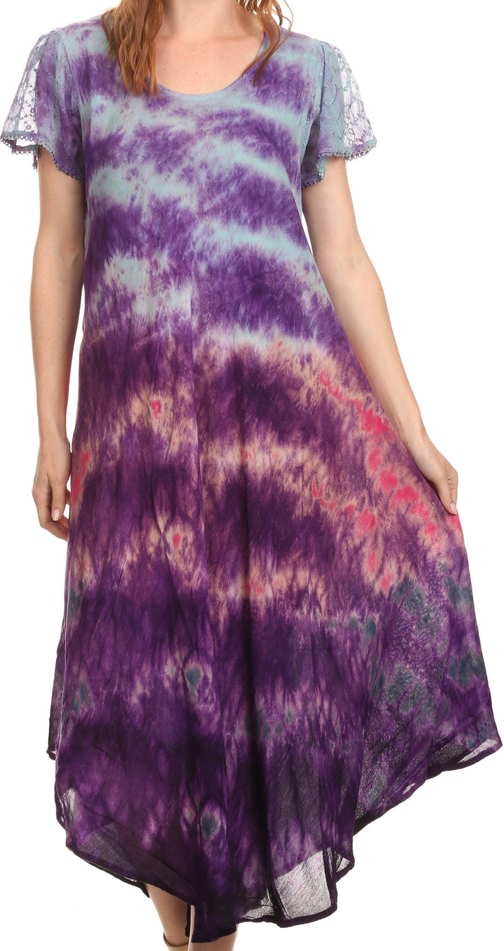 Sakkas Kaylaye Long Tie Dye Ombre Embroidered Cap Sleeve Caftan Dress / Cover Up