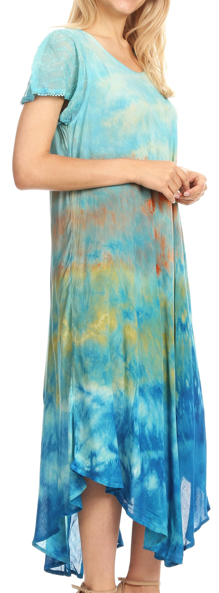 Sakkas Kaylaye Long Tie Dye Ombre Embroidered Cap Sleeve Caftan Dress / Cover Up