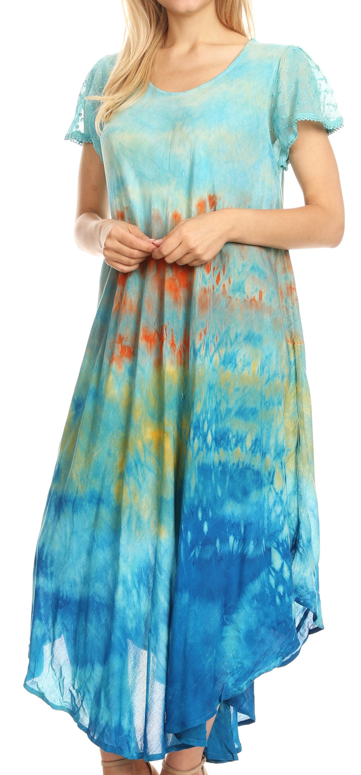 Sakkas Kaylaye Long Tie Dye Ombre Embroidered Cap Sleeve Caftan Dress / Cover Up