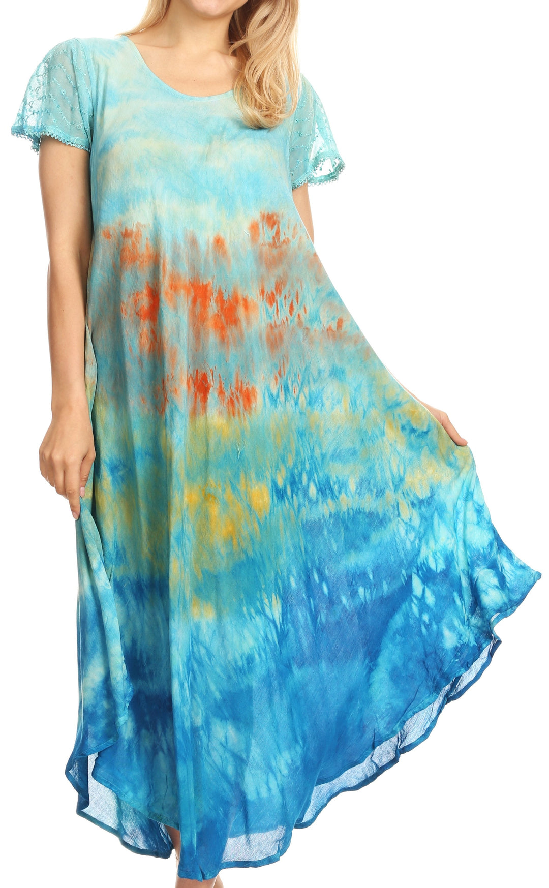 Sakkas Kaylaye Long Tie Dye Ombre Embroidered Cap Sleeve Caftan Dress / Cover Up