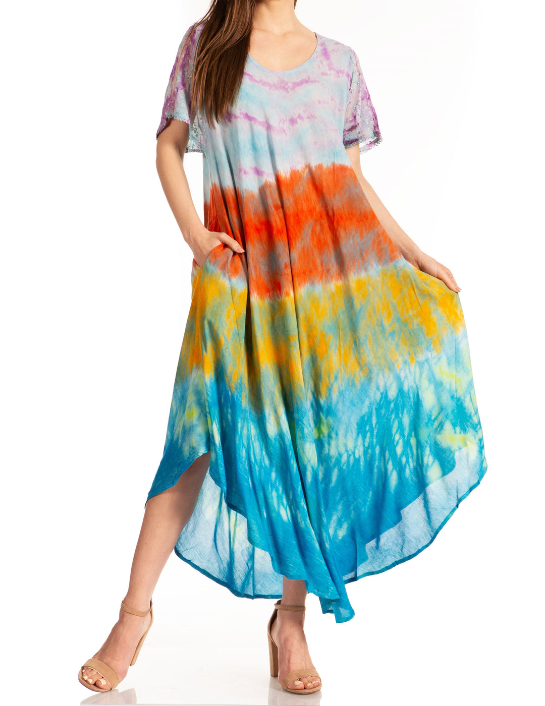 Sakkas Kaylaye Long Tie Dye Ombre Embroidered Cap Sleeve Caftan Dress / Cover Up