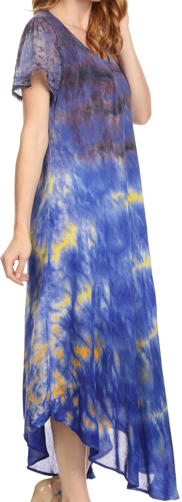 Sakkas Kaylaye Long Tie Dye Ombre Embroidered Cap Sleeve Caftan Dress / Cover Up