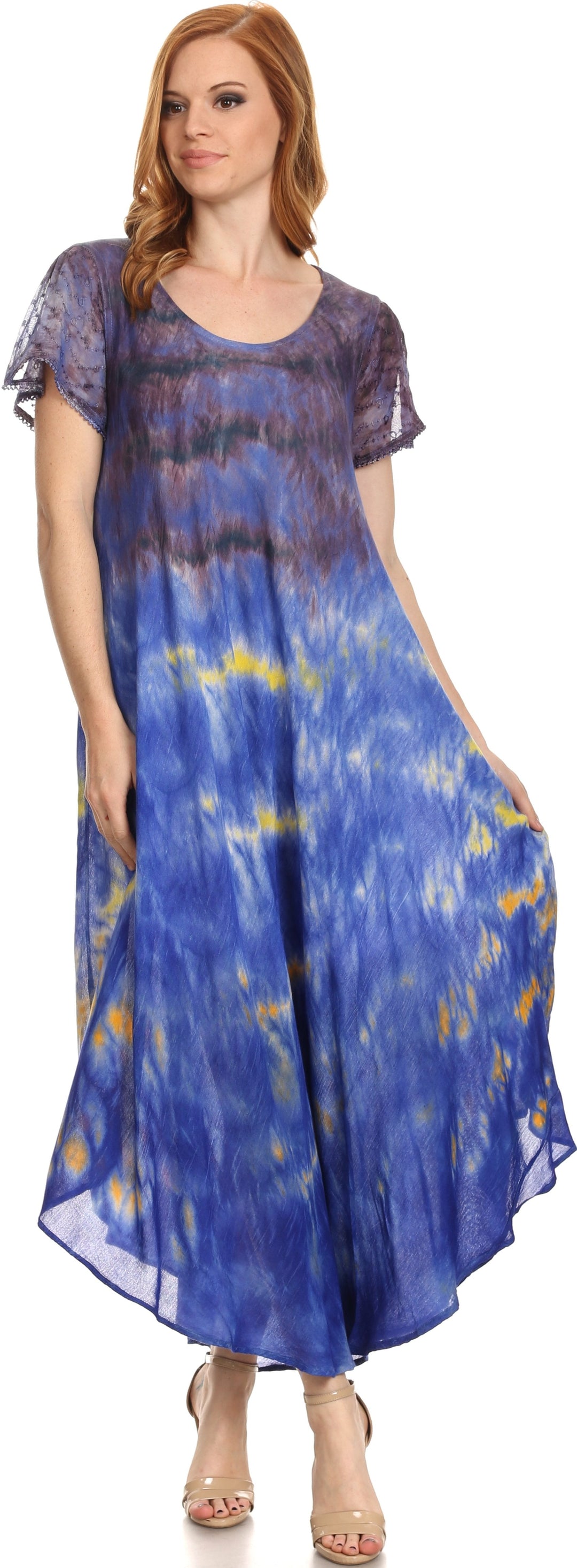 Sakkas Kaylaye Long Tie Dye Ombre Embroidered Cap Sleeve Caftan Dress / Cover Up
