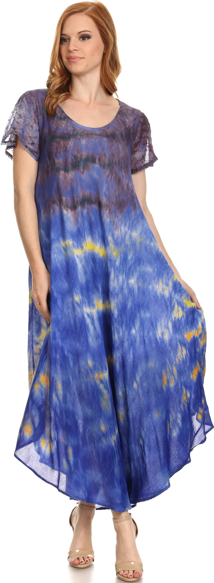 Sakkas Kaylaye Long Tie Dye Ombre Embroidered Cap Sleeve Caftan Dress / Cover Up