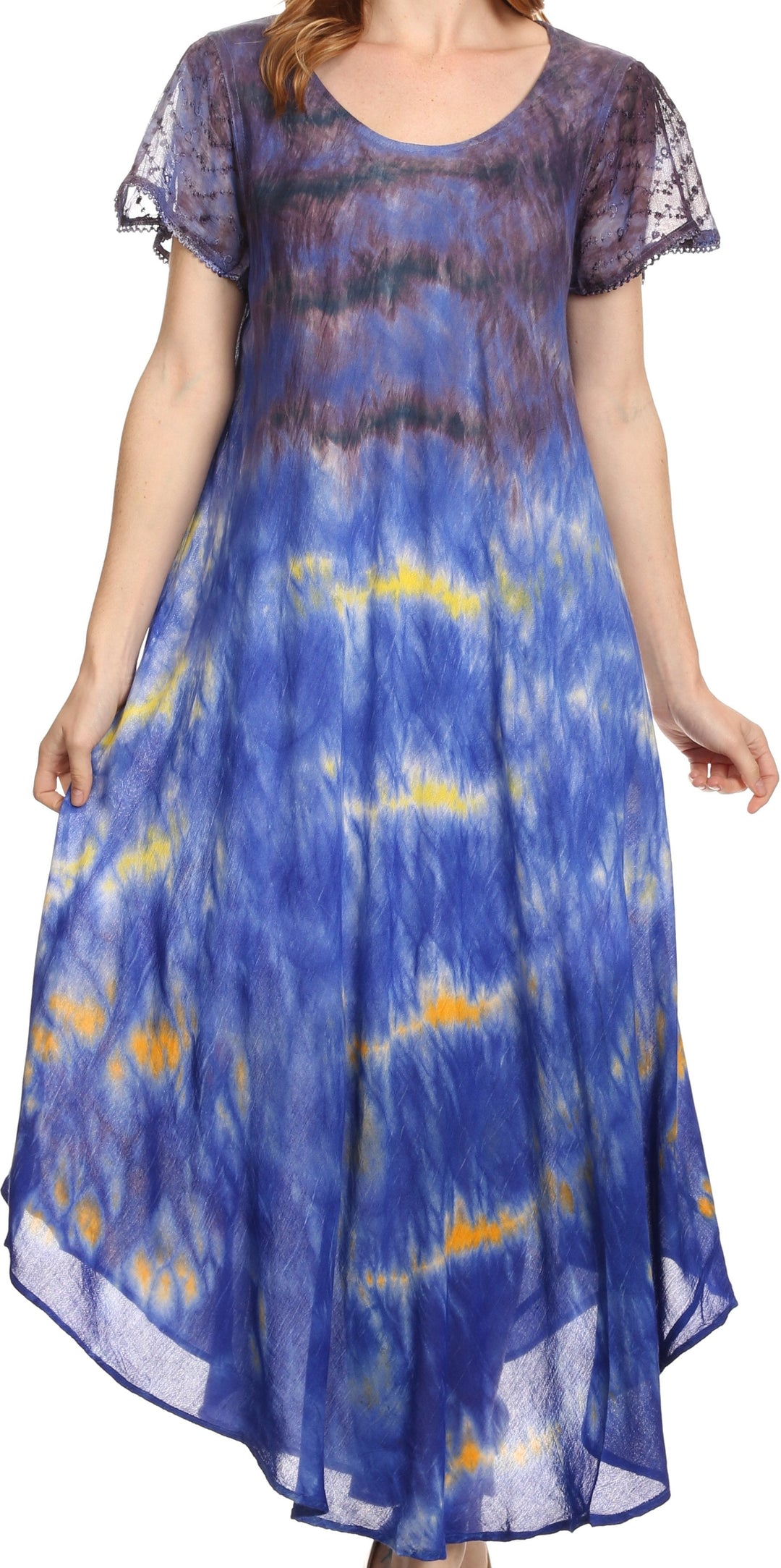 Sakkas Kaylaye Long Tie Dye Ombre Embroidered Cap Sleeve Caftan Dress / Cover Up
