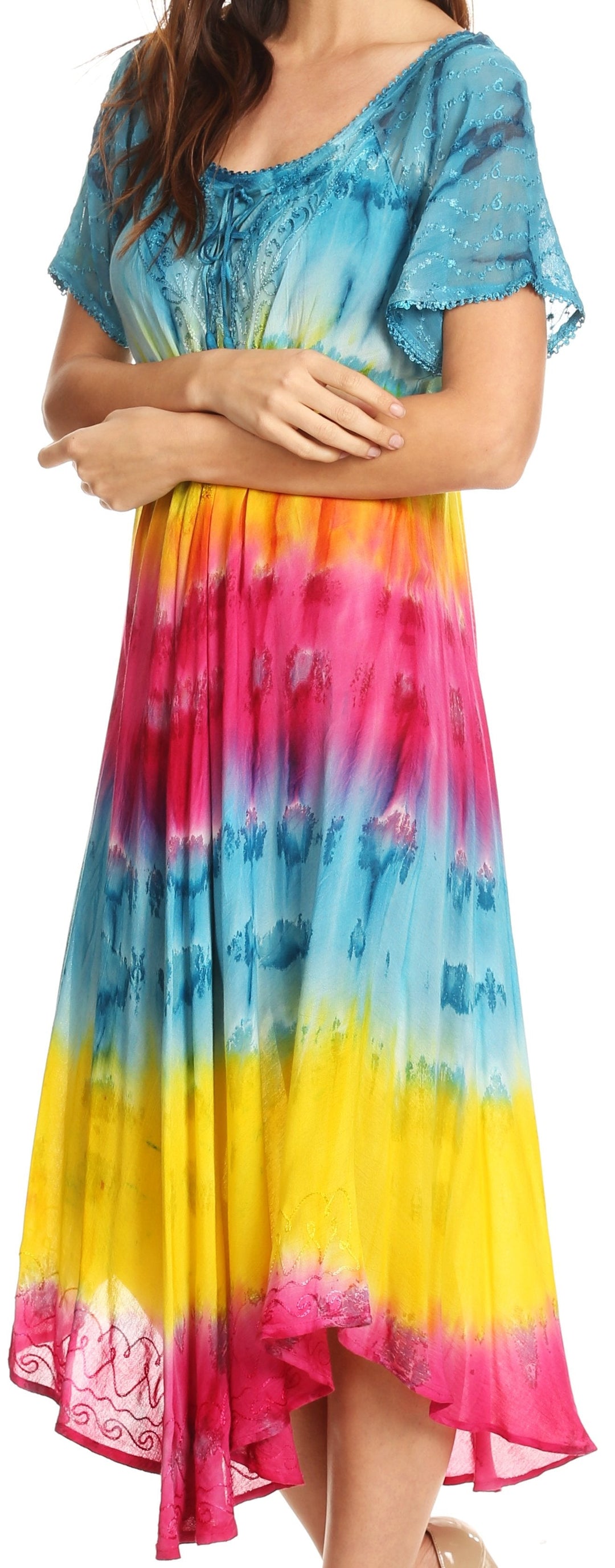 Sakkas Sula Long Laced Tie-Dye Wide Neck Embroidered Boho Sundress Cover Up