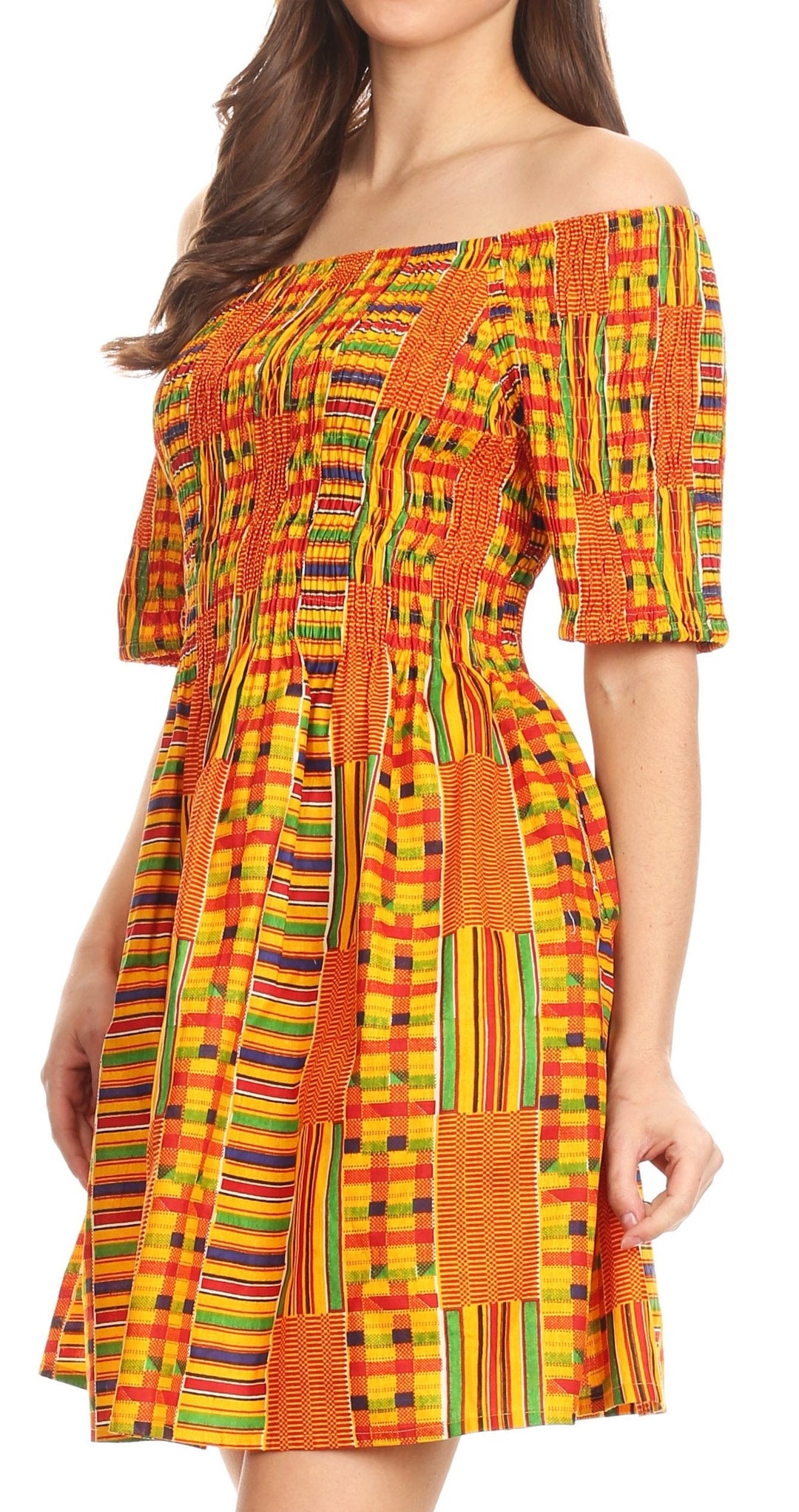 Sakkas Ife Wax African Ankara Colorful Cocktail Short Dress Off-shoulder w/pockets