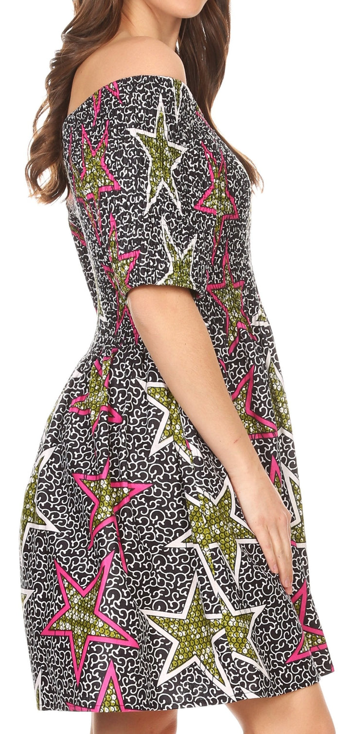 Sakkas Ife Wax African Ankara Colorful Cocktail Short Dress Off-shoulder w/pockets