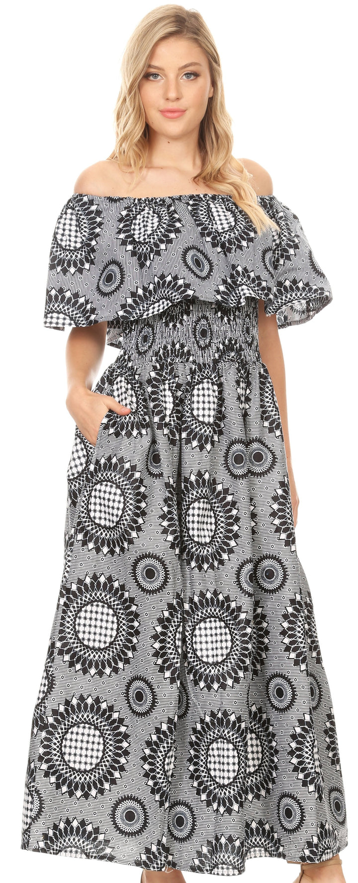 Sakkas Buhle Ruffle Off-shoulder Long Dress Wax African Ankara Dutch Print