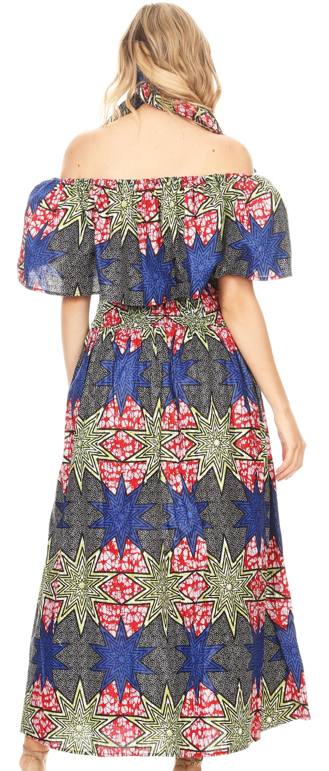 Sakkas Buhle Ruffle Off-shoulder Long Dress Wax African Ankara Dutch Print