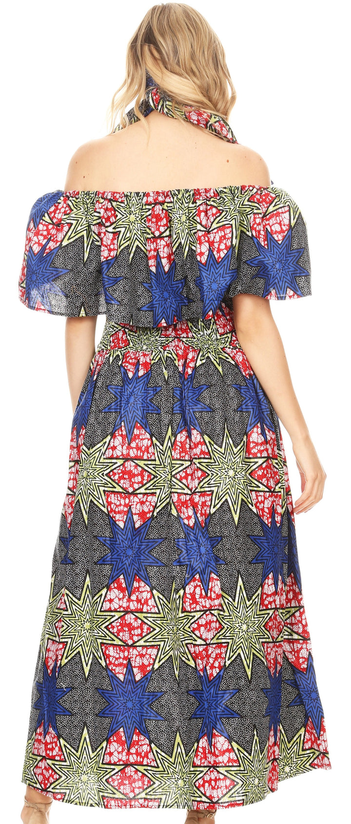 Sakkas Buhle Ruffle Off-shoulder Long Dress Wax African Ankara Dutch Print