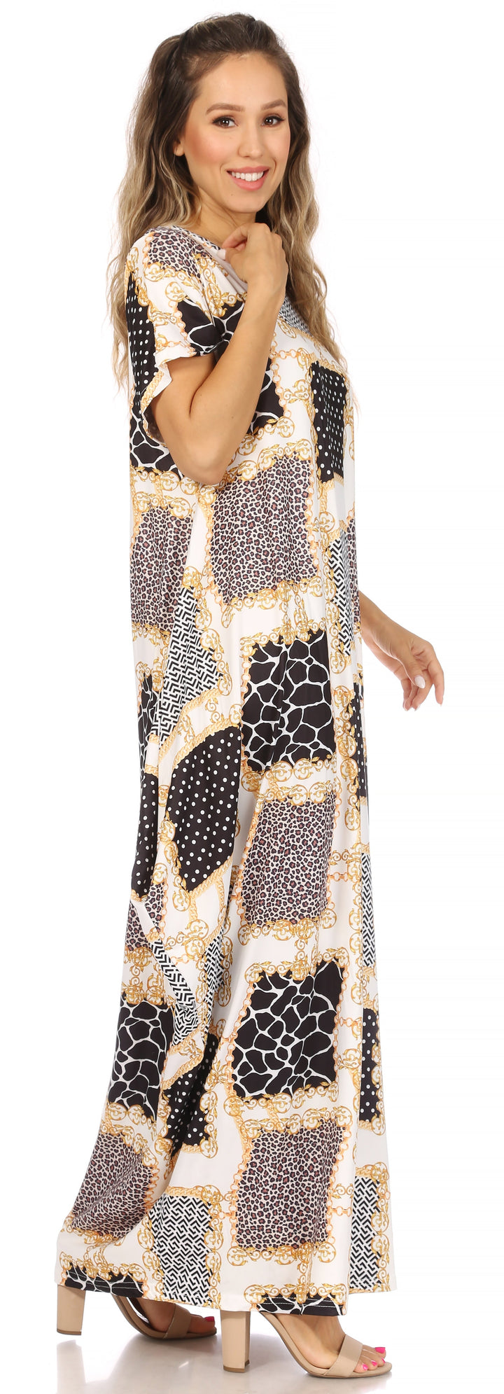Sakkas Abeni Women's Short Sleeve Casual Print Long Maxi Cover-up Caftan Dress