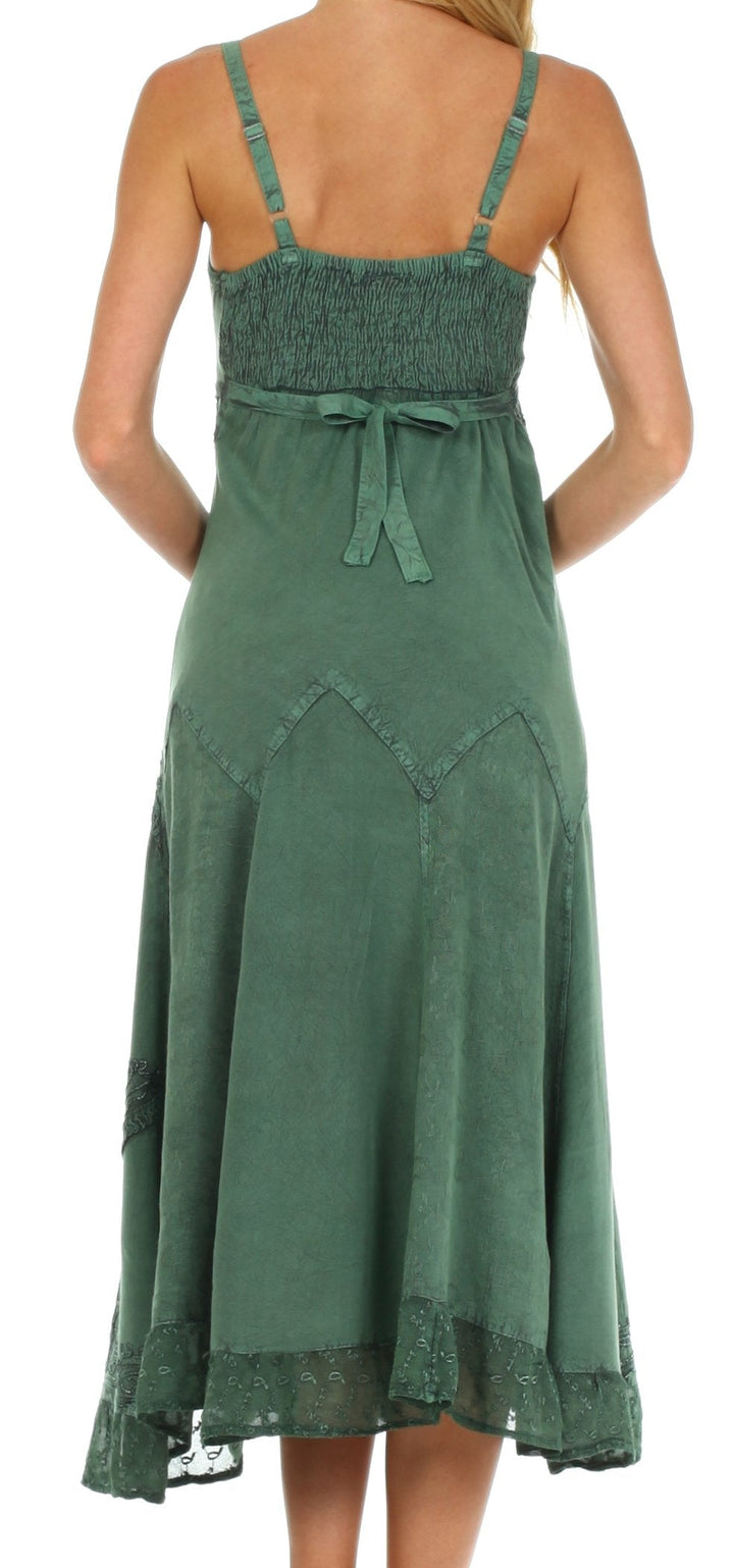 Sakkas Stonewashed Rayon Embroidered Adjustable Spaghetti Straps Long Dress