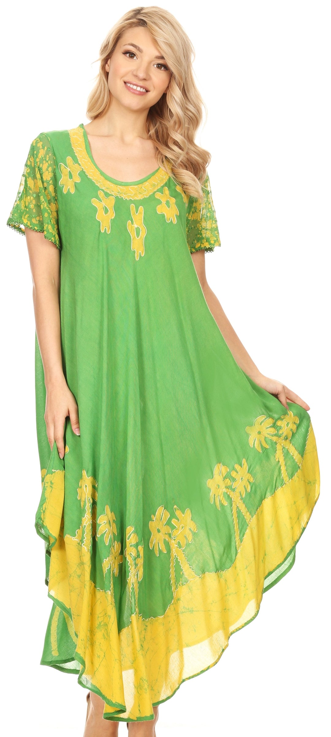 Sakkas Batik Palm Tree Cap Sleeve Caftan Dress / Cover Up