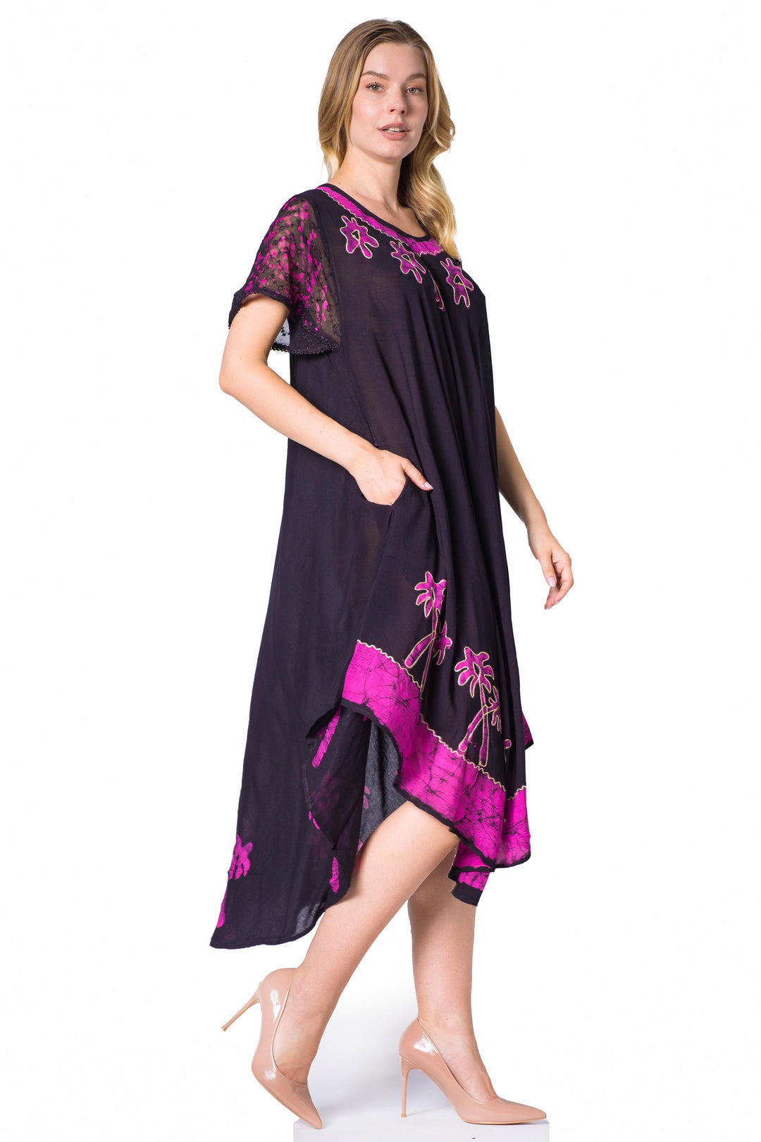Sakkas Batik Palm Tree Cap Sleeve Caftan Dress / Cover Up