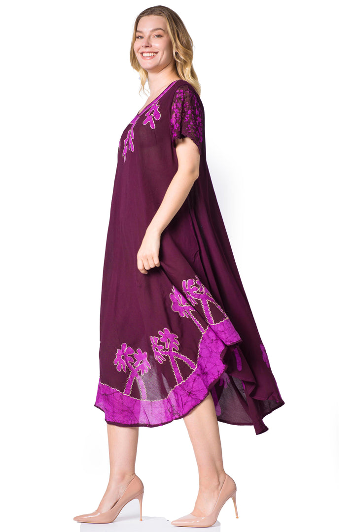 Sakkas Batik Palm Tree Cap Sleeve Caftan Dress / Cover Up