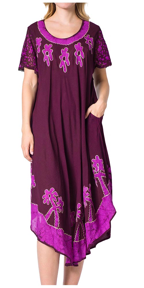 Sakkas Batik Palm Tree Cap Sleeve Caftan Dress / Cover Up