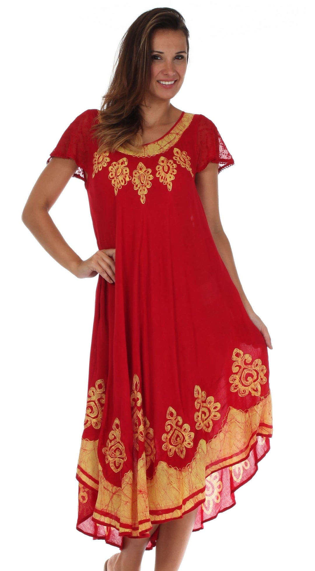 Sakkas Batik Hindi Cap Sleeve Caftan Dress / Cover Up