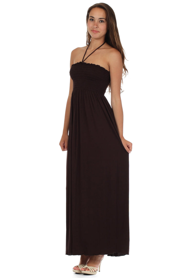 Sakkas Soft Jersey Feel Solid Color Smocked Bodice String Halter Long Dress