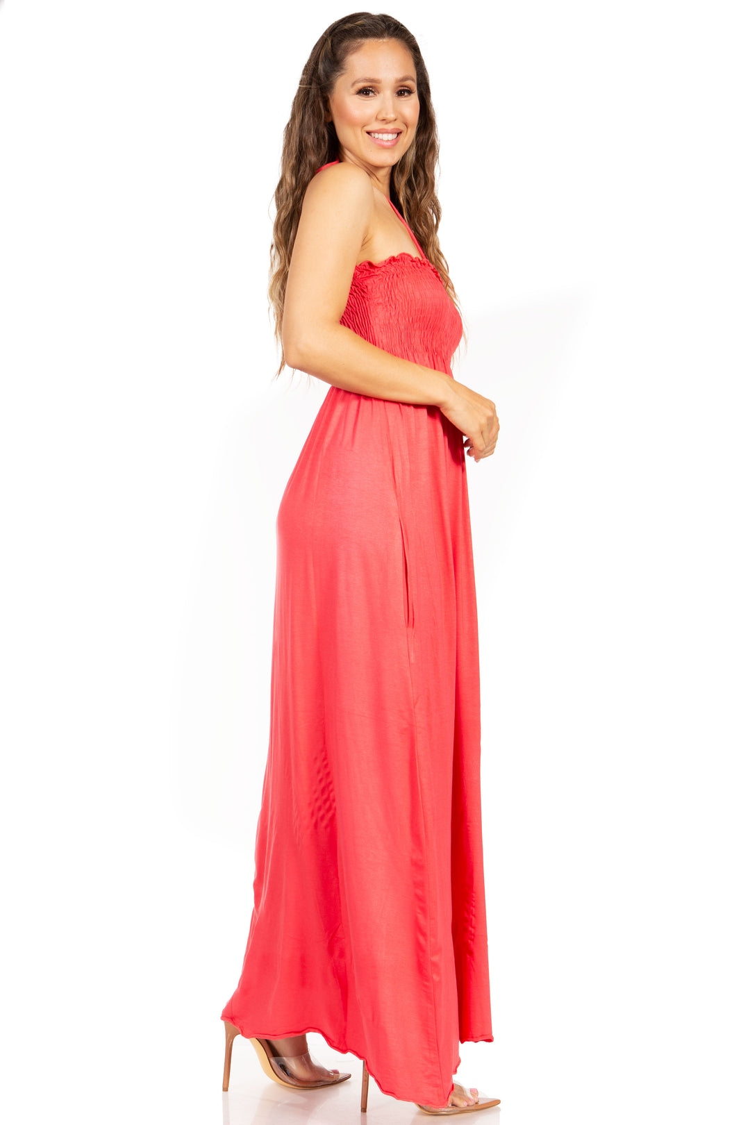 Sakkas Soft Jersey Feel Solid Color Smocked Bodice String Halter Long Dress