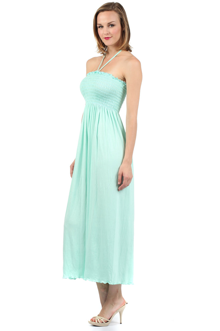 Sakkas Soft Jersey Feel Solid Color Smocked Bodice String Halter Long Dress