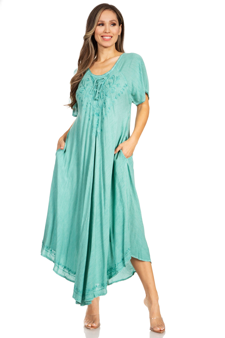 Sakkas Lilia Embroidered Lace Up Bodice Relaxed Fit  Maxi Sun Dress