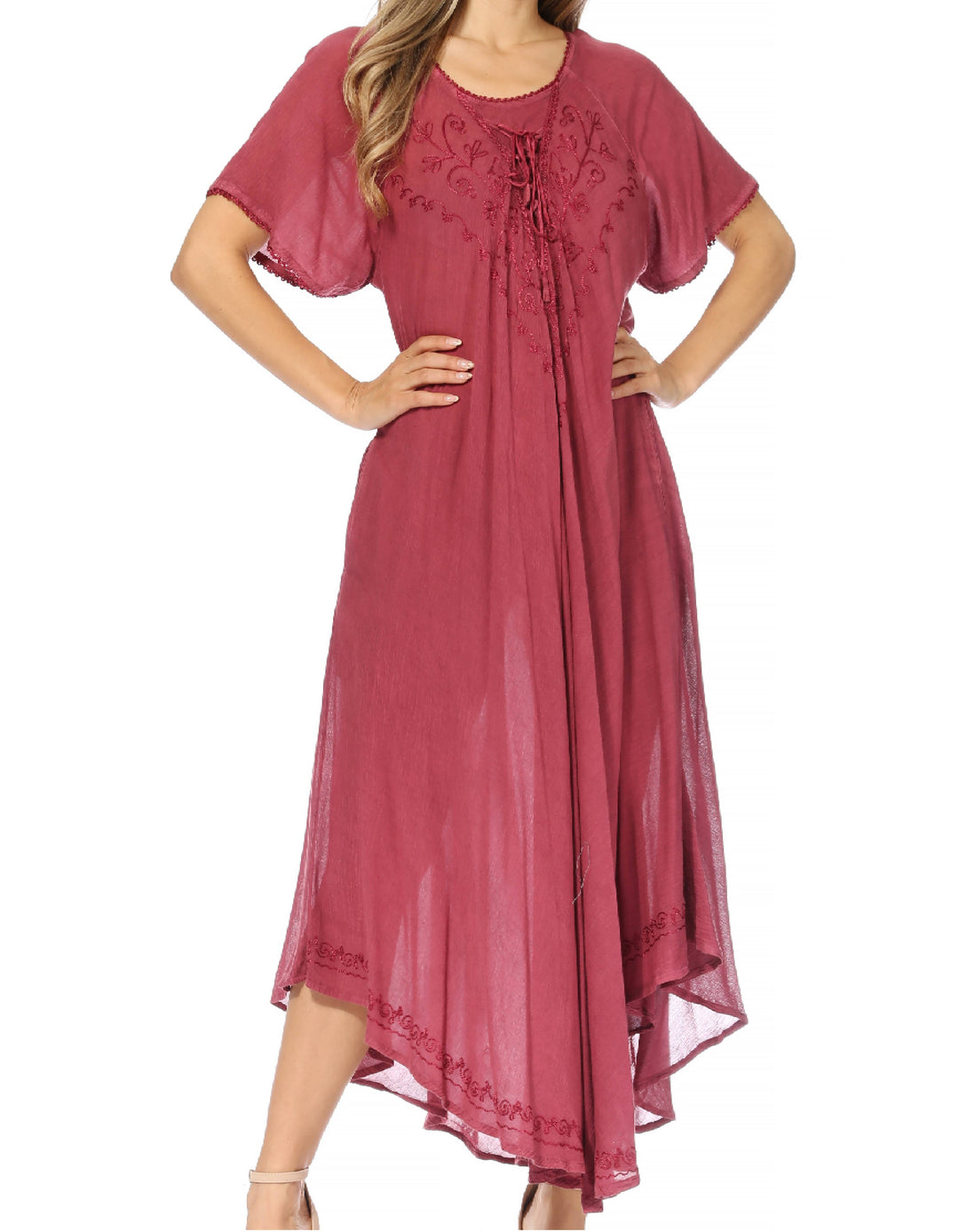 Sakkas Lilia Embroidered Lace Up Bodice Relaxed Fit  Maxi Sun Dress