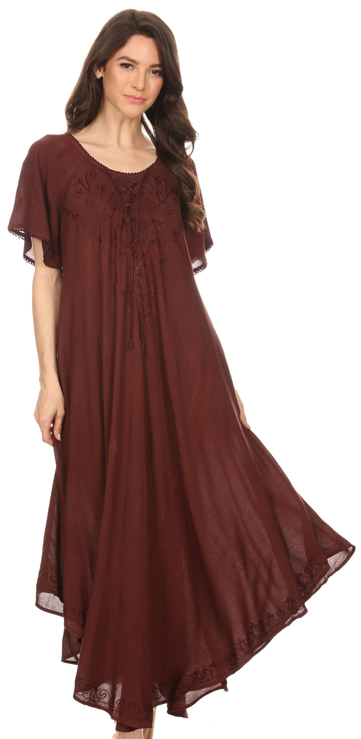 Sakkas Lilia Embroidered Lace Up Bodice Relaxed Fit  Maxi Sun Dress