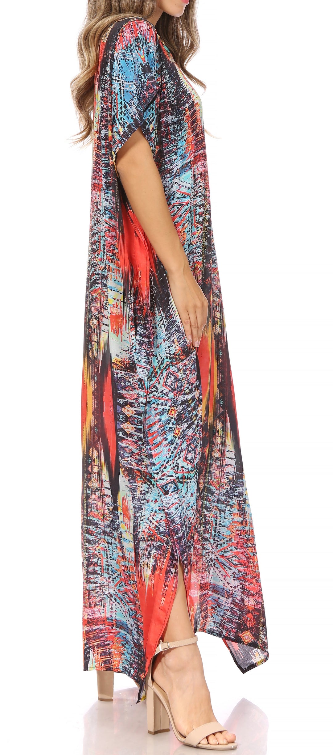 Sakkas Vicky Women's Casual Long Print Short Sleeve Petite Beach Maxi Caftan Dress