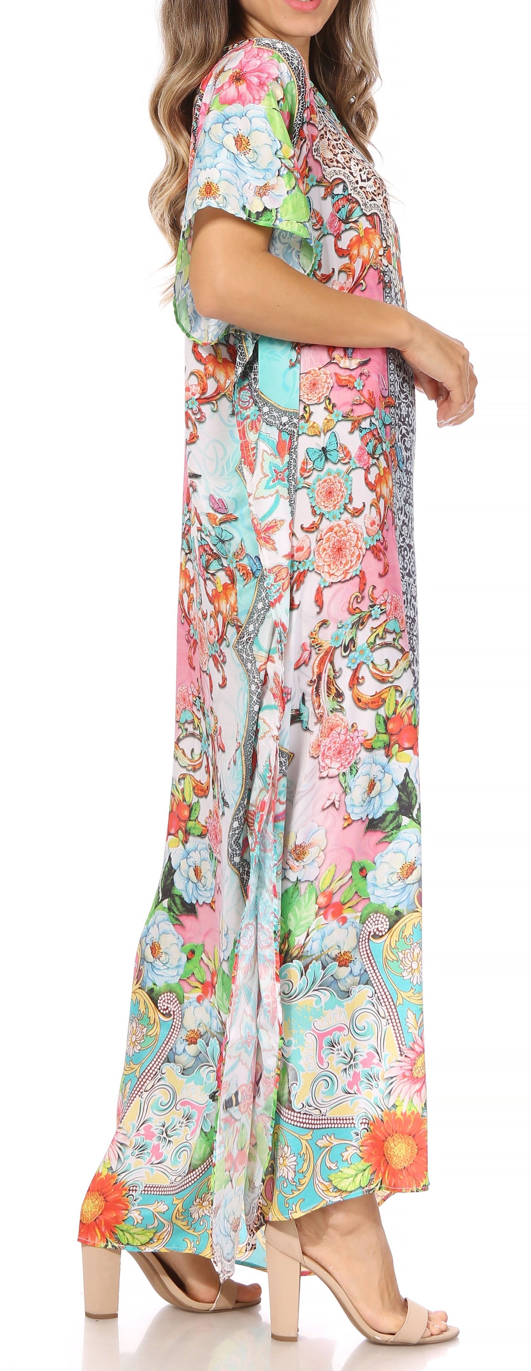 Sakkas Vicky Women's Casual Long Print Short Sleeve Petite Beach Maxi Caftan Dress