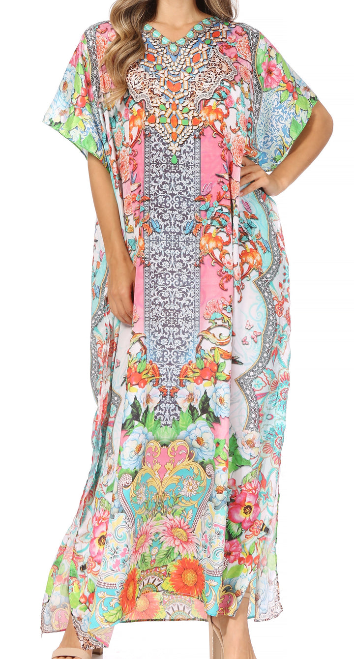 Sakkas Vicky Women's Casual Long Print Short Sleeve Petite Beach Maxi Caftan Dress