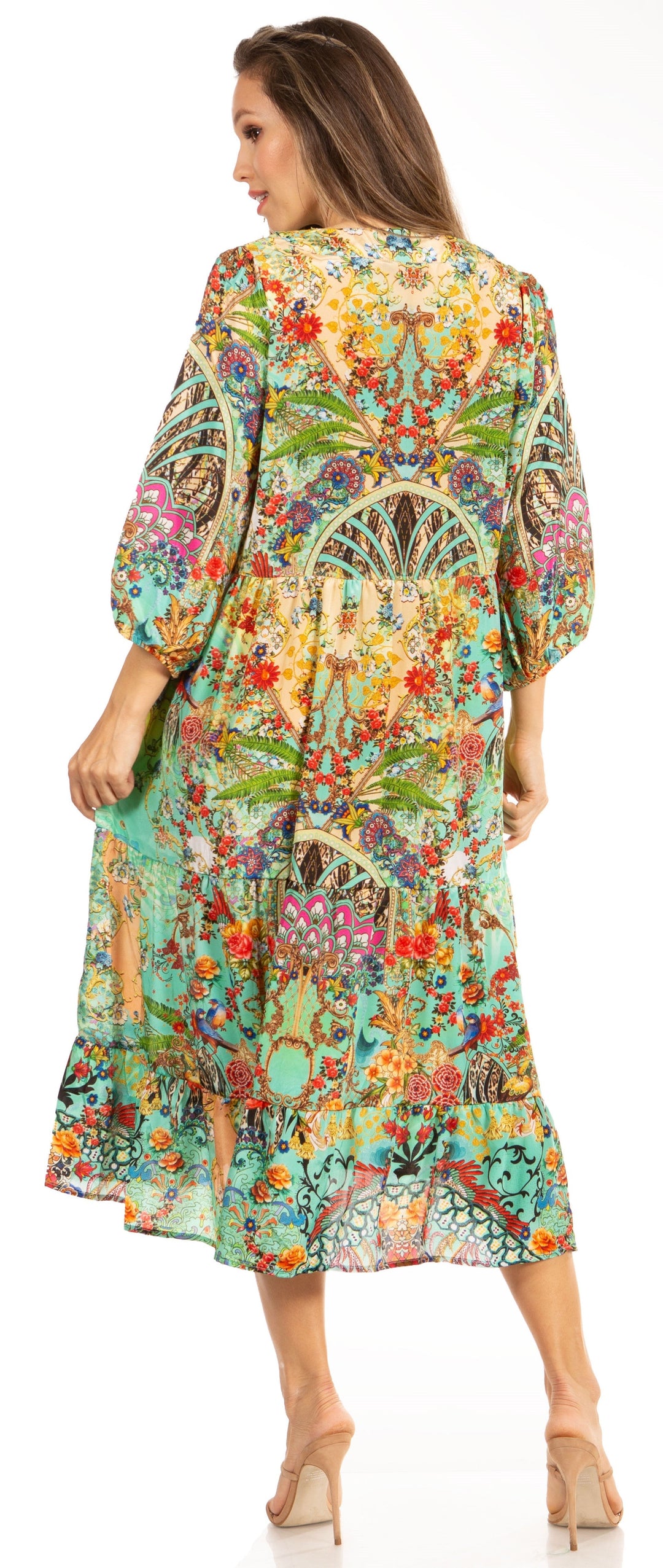 Sakkas Sole Women's Boho Floral Print V-Neck Midi Dress with Long Sleeves