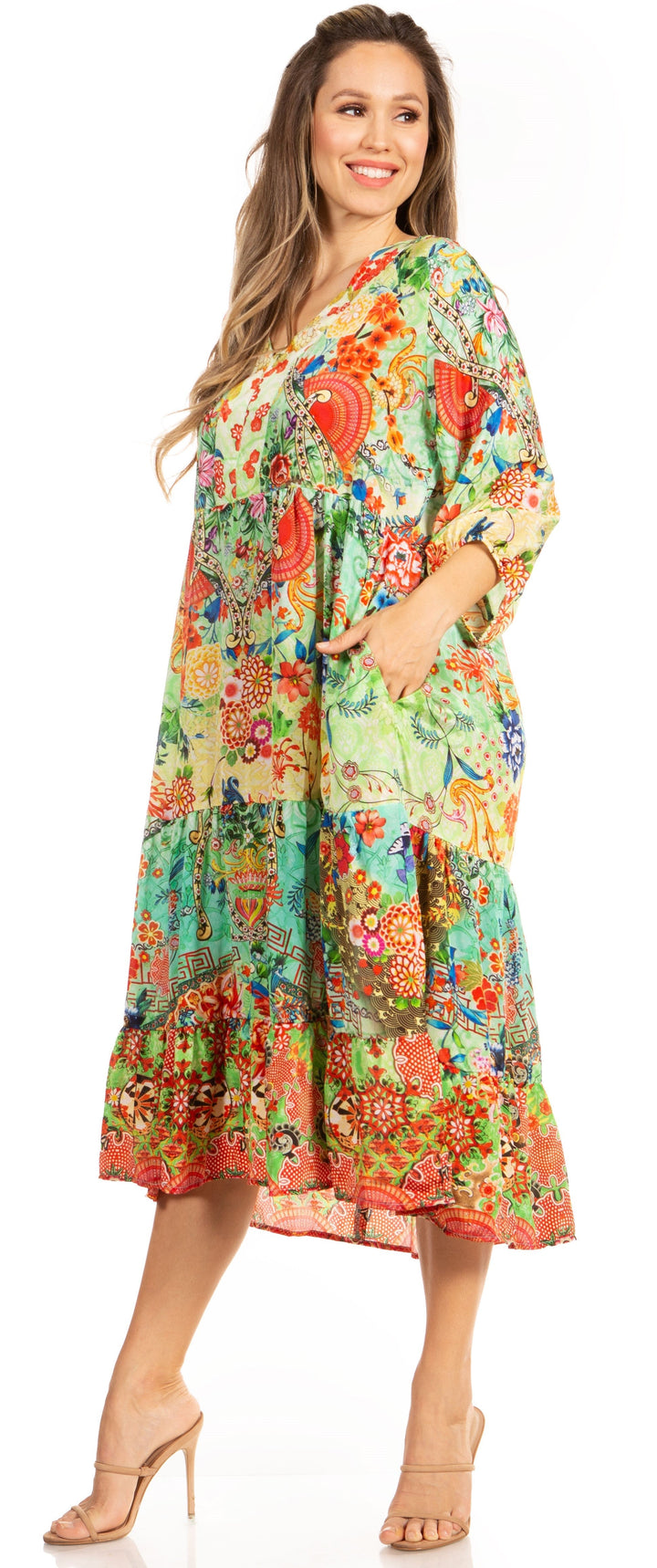 Sakkas Sole Women's Boho Floral Print V-Neck Midi Dress with Long Sleeves