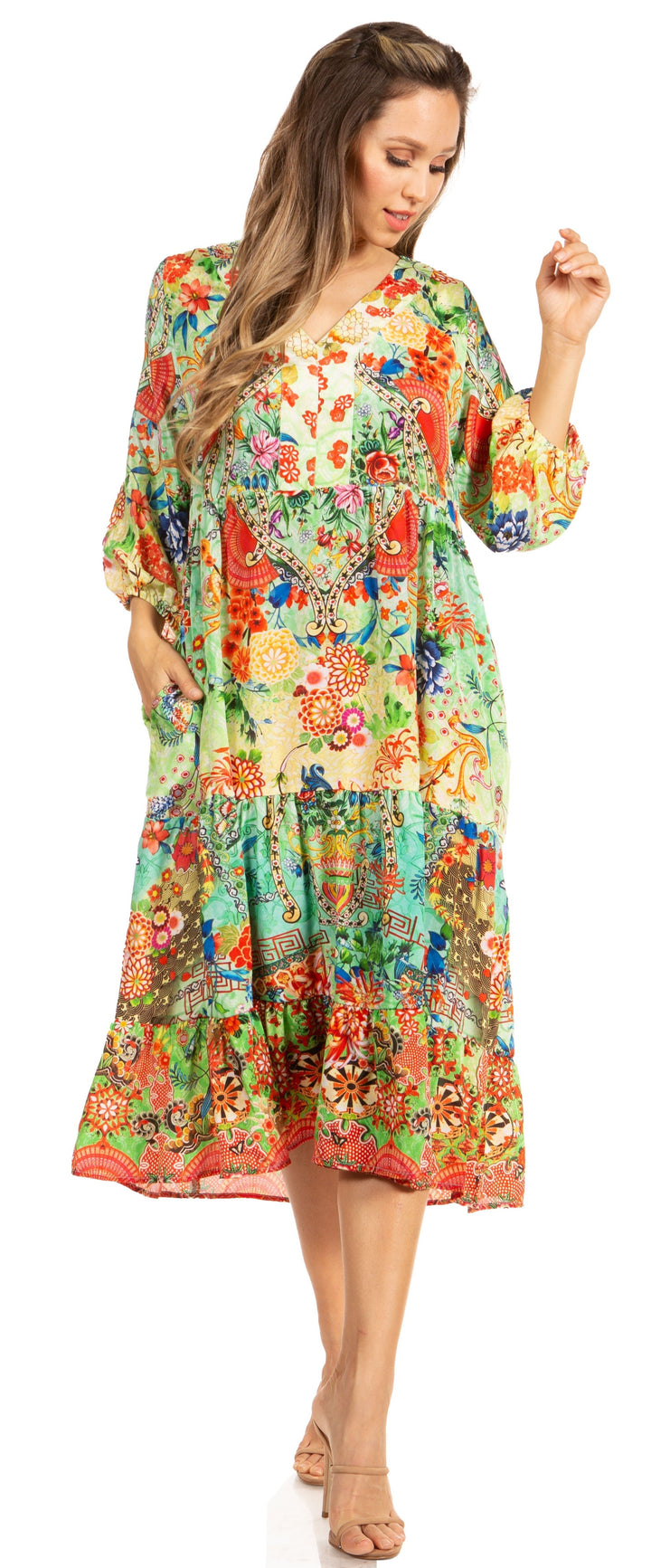 Sakkas Sole Women's Boho Floral Print V-Neck Midi Dress with Long Sleeves