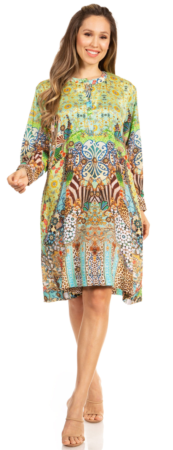 Floral Print Women's Long Sleeve Tunic Dress with Pockets - Sakkas Eloisa