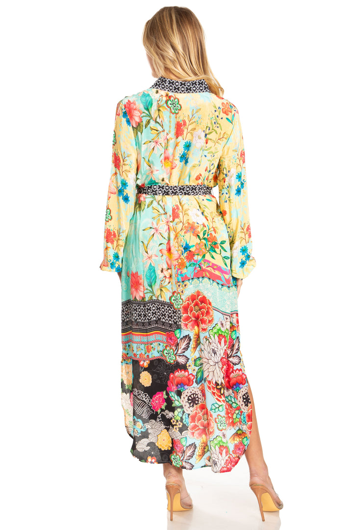 Sakkas Rina Women's Floral Print Maxi Dress with Long Sleeves and Flounce Shirt Design