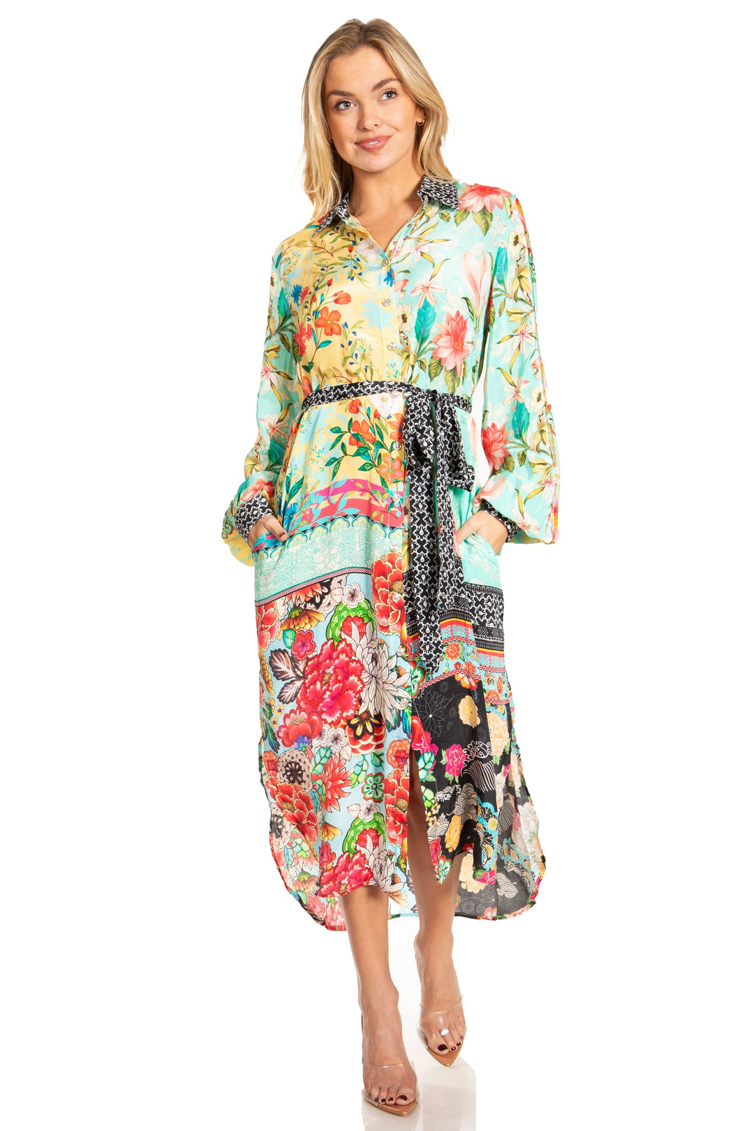 Sakkas Rina Women's Floral Print Maxi Dress with Long Sleeves and Flounce Shirt Design