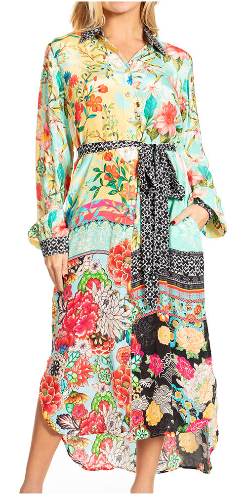 Sakkas Rina Women's Floral Print Maxi Dress with Long Sleeves and Flounce Shirt Design