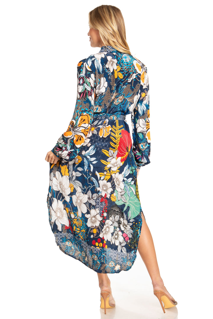 Sakkas Rina Women's Floral Print Maxi Dress with Long Sleeves and Flounce Shirt Design