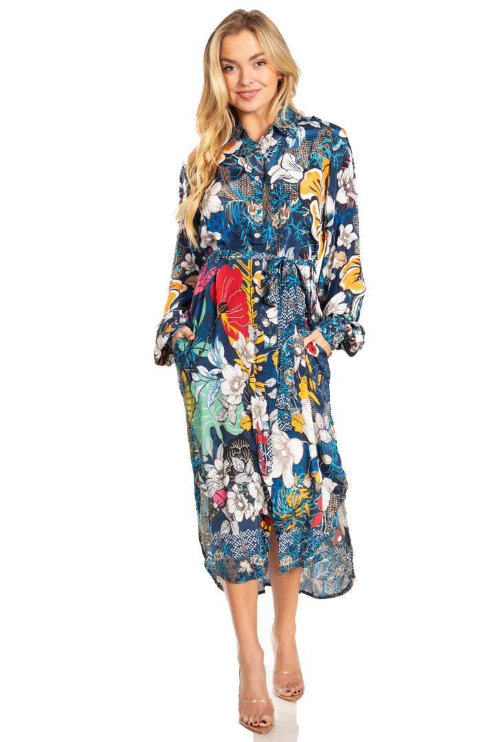 Sakkas Rina Women's Floral Print Maxi Dress with Long Sleeves and Flounce Shirt Design