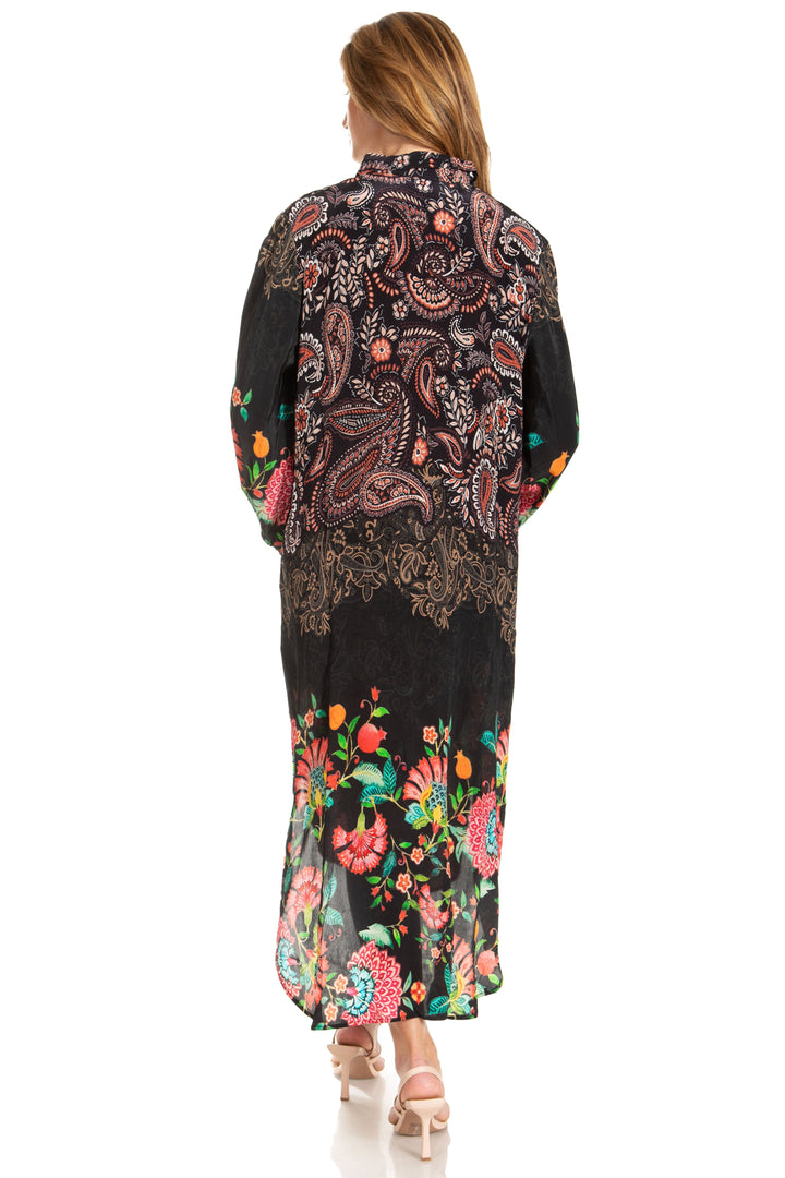 Sakkas Rina Women's Floral Print Maxi Dress with Long Sleeves and Flounce Shirt Design