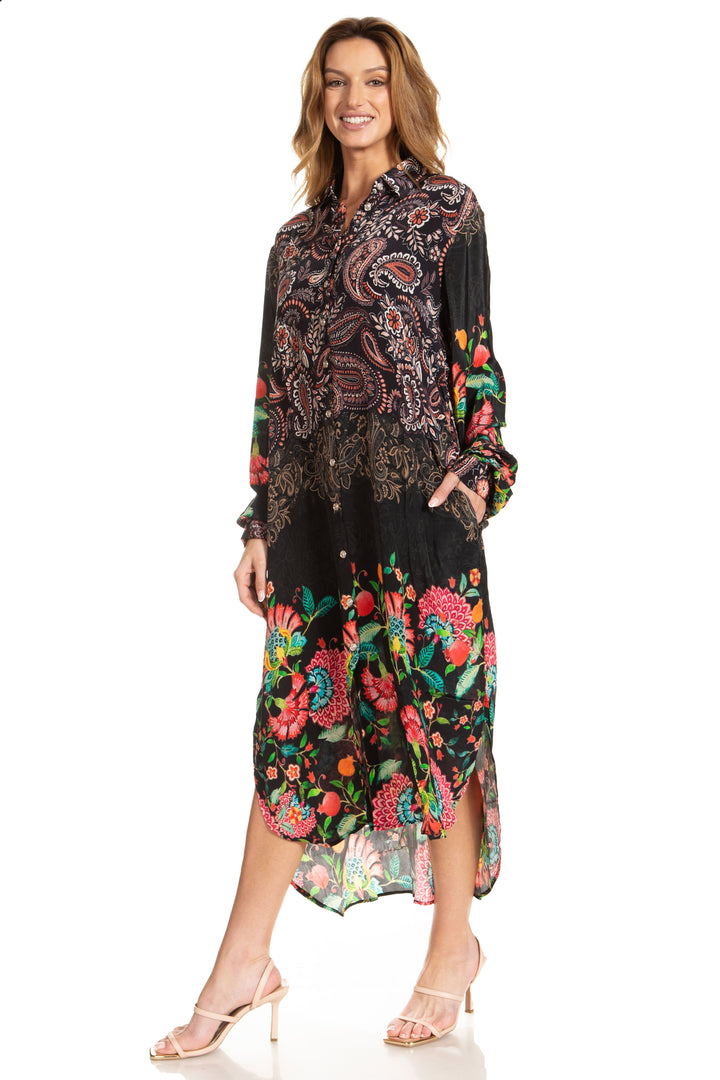 Sakkas Rina Women's Floral Print Maxi Dress with Long Sleeves and Flounce Shirt Design