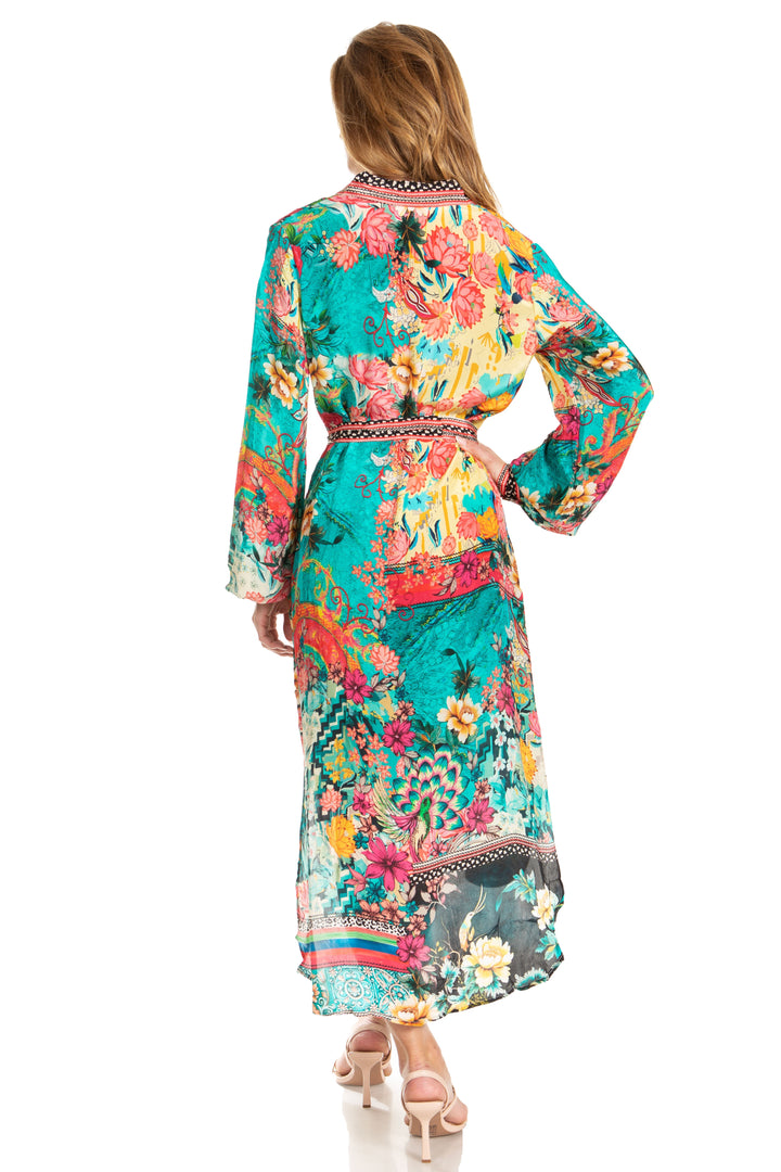 Sakkas Rina Women's Floral Print Maxi Dress with Long Sleeves and Flounce Shirt Design