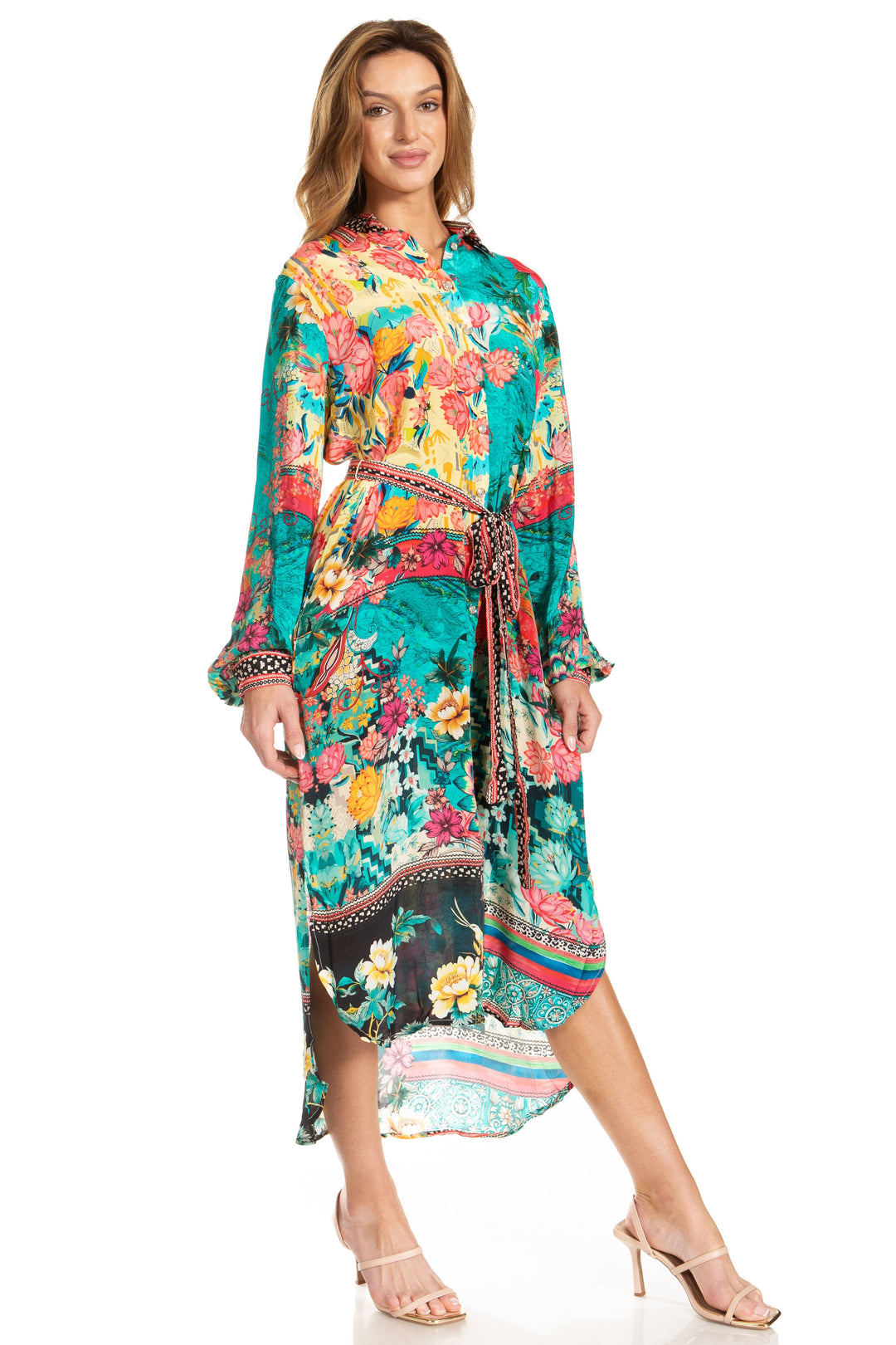 Sakkas Rina Women's Floral Print Maxi Dress with Long Sleeves and Flounce Shirt Design