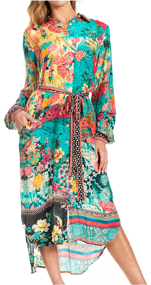 Sakkas Rina Women's Floral Print Maxi Dress with Long Sleeves and Flounce Shirt Design