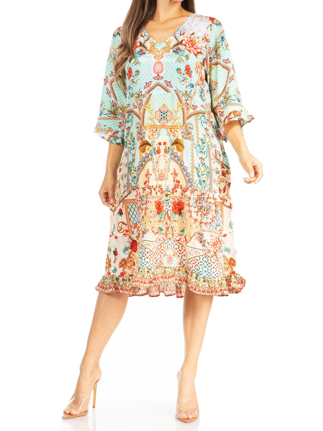 Sakkas Ozana Women's Floral Midi Cocktail Dress, V-Neck, 3/4 Sleeve